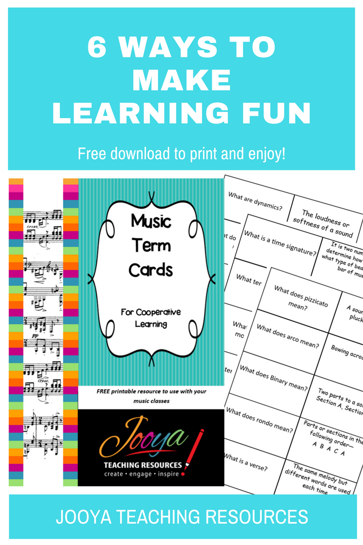Blog Post with a FREE Resource from Jooya Teaching Resources. Download the Music Term Cards and use the lesson ideas with all your classes.