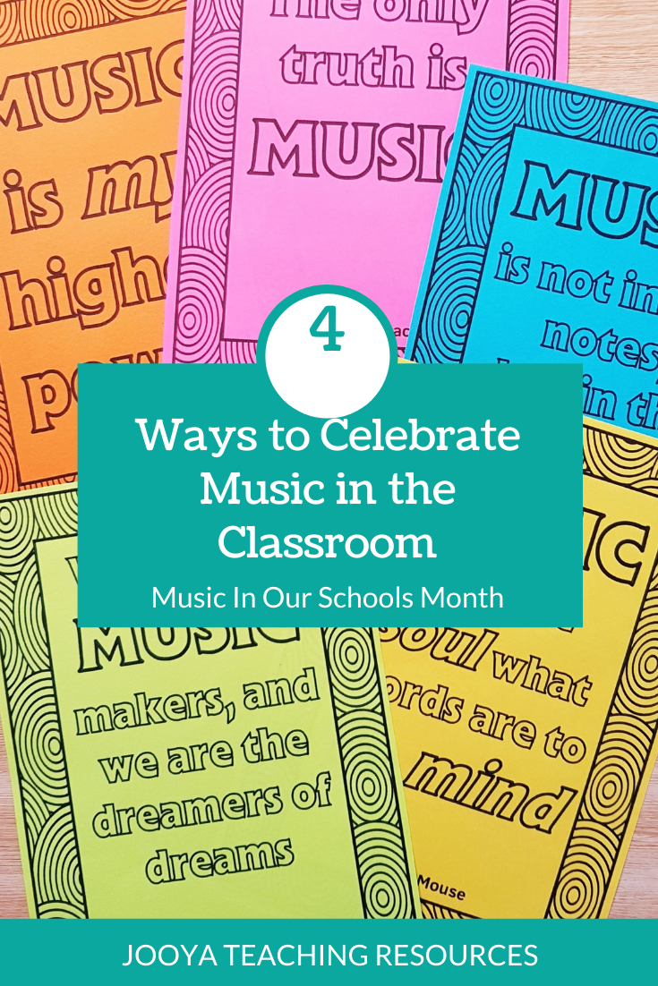 Find out how to celebrate Music In Our Schools Month in your middle school and general music classroom with these 4 great activities and lesson ideas. This collection of resources will make a great music classroom display. Try using the listening worksheets to boost music appreciation in your classroom, and your kids will enjoy the coloring pages to show off on display. #JooyaTeachingResources