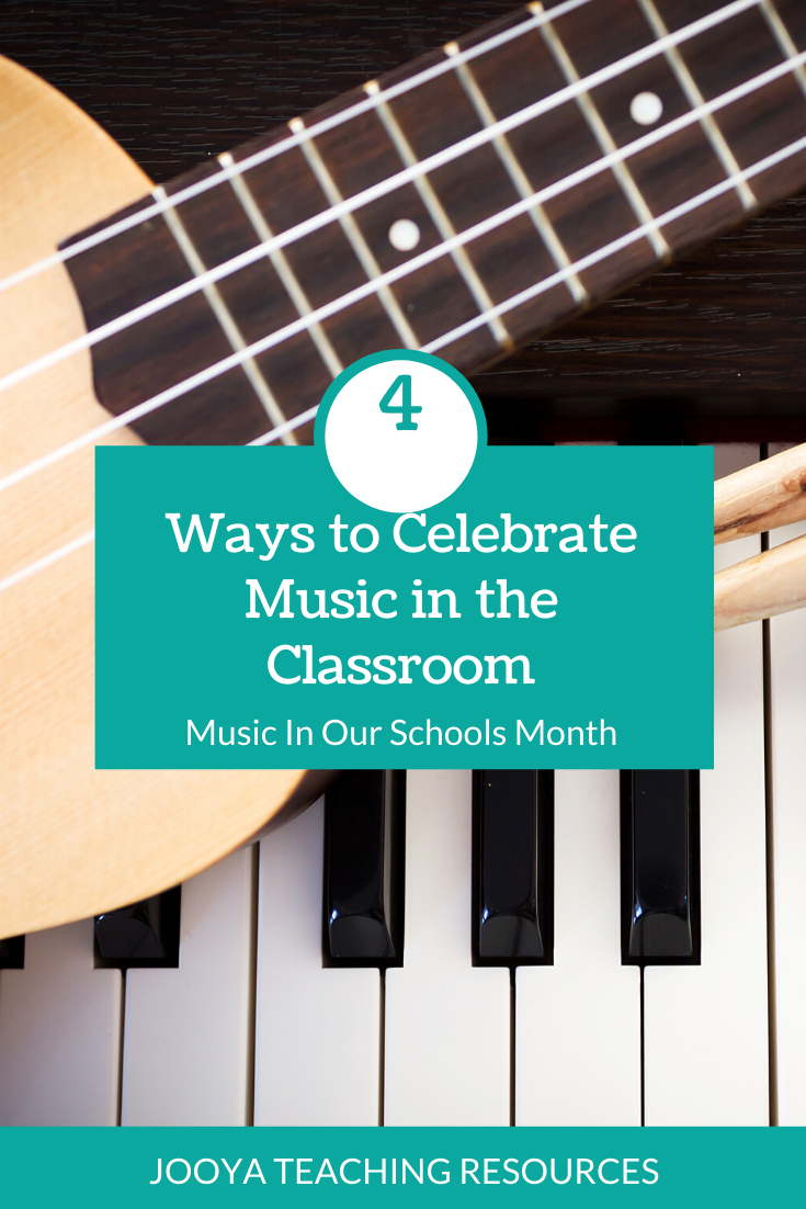 Find out how to celebrate Music In Our Schools Month in your middle school and general music classroom with these 4 great activities and lesson ideas. This collection of resources will make a great music classroom display. Try using the listening worksheets to boost music appreciation in your classroom, and your kids will enjoy the coloring pages to show off on display. #JooyaTeachingResources