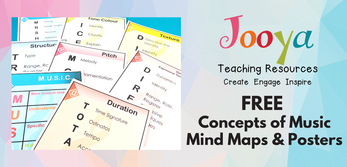 blog post image with a photograph of the free concepts in music posters available on the juliajooya.teachable.com site